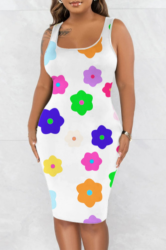 White Casual Print Basic U Neck Vest Dress Dresses