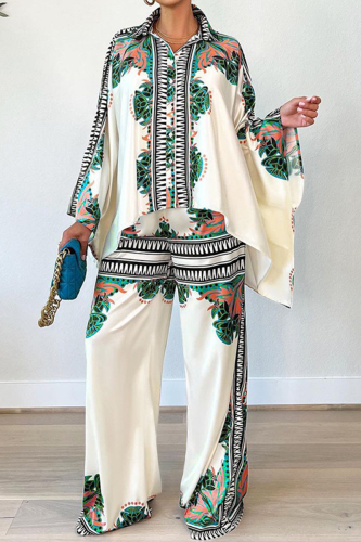 Green Elegant Print Patchwork Buckle Turndown Collar Long Sleeve Two Pieces