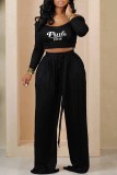 Black Sweet Print Letter U Neck Long Sleeve Two Pieces