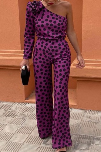 Purple Casual Dot Print Backless Oblique Collar Regular Jumpsuits