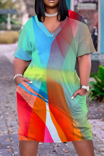 Multicolor Casual Print Patchwork V Neck Short Sleeve Dress