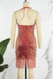 Red Sexy Patchwork Tassel Sequins Backless Halter Sleeveless Dress Dresses