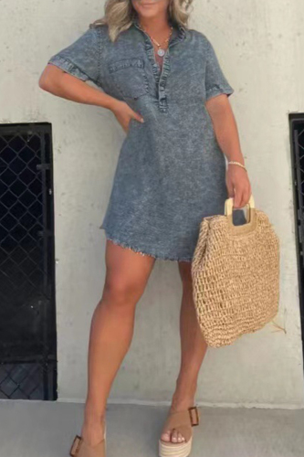 Grey Casual Solid Pocket Turndown Collar A Line Dresses