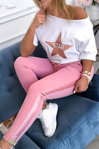 White Casual Print Basic O Neck Short Sleeve Two Pieces