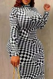 Black Casual Print Patchwork Turtleneck Long Sleeve Plus Size Dresses