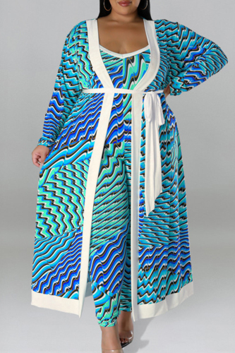 Lake Blue Plus Size Casual Street Gradual Change Striped Patchwork With Belt Printing Spaghetti Strap Plus Size Two Pieces