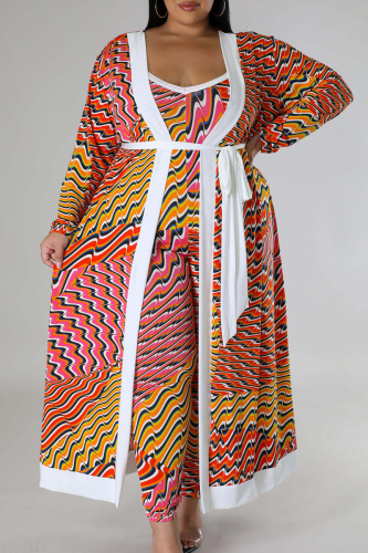 Tangerine Red Plus Size Casual Street Gradual Change Striped Patchwork With Belt Printing Spaghetti Strap Plus Size Two Pieces