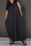 Black Casual Solid Draw String Pocket Slit Hooded Collar Straight Dresses