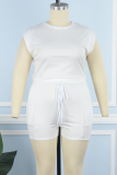 White Casual Solid Basic O Neck Plus Size Two Pieces