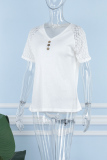 White Casual Solid Patchwork V Neck T-Shirts