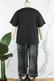 Black Living Print Leopard Basic V Neck Plus Size Pajamas Two Piece Set