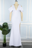 White Sexy Formal Solid Slit V Neck Evening Dress Dresses