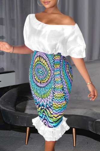 White Casual Print Patchwork Oblique Collar Short Sleeve Two Pieces