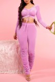 Pink Casual Solid Draw String Frenulum V Neck Long Sleeve Two Pieces