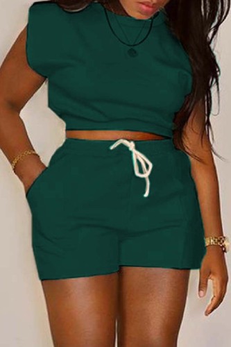 Green Casual Solid Basic O Neck Plus Size Two Pieces