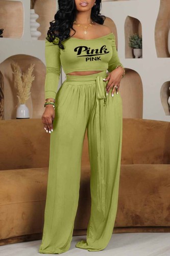 Green Sweet Print Letter U Neck Long Sleeve Two Pieces