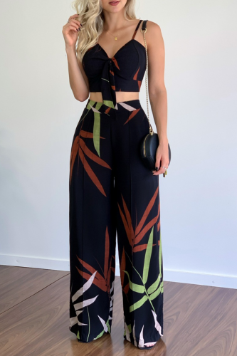 Black Leaf Print Sleeveless Backless Daily Slim Fit Vacation Cami Straight Wide Leg Jumpsuit
