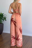 Blue Leaf Print Sleeveless Backless Daily Slim Fit Vacation Cami Straight Wide Leg Jumpsuit