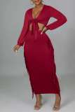 Burgundy Casual Solid Tassel Bandage V Neck Long Sleeve Two Pieces
