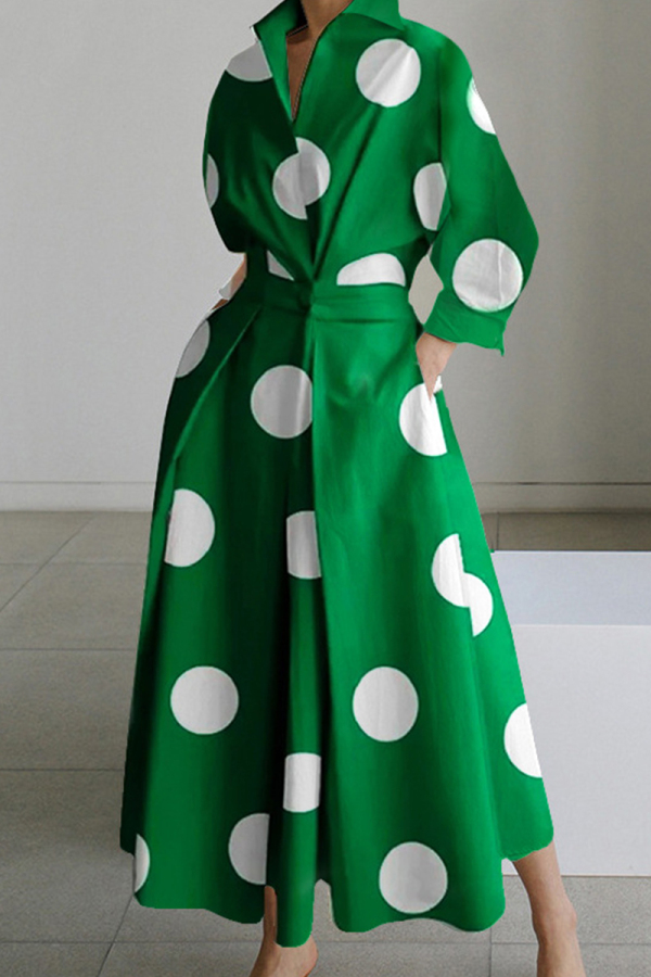 Green White Casual Print Solid Patchwork V Neck Long Dress Dresses