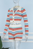 Colour Casual Striped Patchwork V Neck Long Sleeve Two Pieces