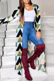 Coffee Casual Print Patchwork Slit Cardigan Collar Outerwear