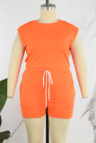 Orange Casual Solid Basic O Neck Plus Size Two Pieces