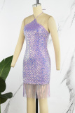 Purple Sexy Patchwork Tassel Sequins Backless Halter Sleeveless Dress Dresses