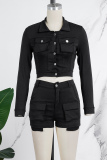 Black Casual Solid Patchwork Pocket Buttons Turndown Collar Long Sleeve Two Pieces