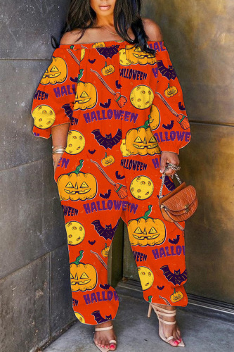 Halloween Costume Orange Skull Pumpkin Cat Print Off Shoulder Flare Sleeve Plus Size Harem Jumpsuit