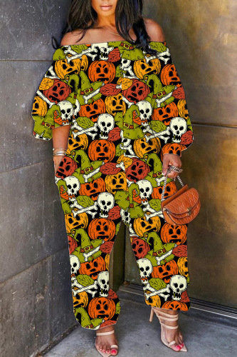 Halloween Costume Green Skull Pumpkin Cat Print Off Shoulder Flare Sleeve Plus Size Harem Jumpsuit