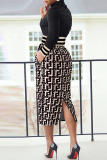 Gray White Casual Work Print Patchwork Turtleneck One Step Skirt Dresses