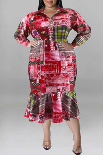 Red Casual Print Patchwork Turndown Collar Long Sleeve Plus Size Dresses