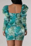 Green Casual Print Patchwork Square Collar Long Sleeve Dresses
