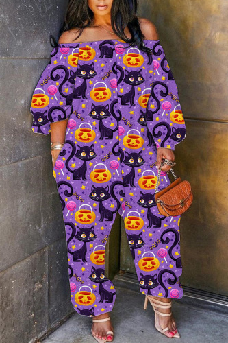 Halloween Costume Purple Skull Pumpkin Cat Print Off Shoulder Flare Sleeve Plus Size Harem Jumpsuit