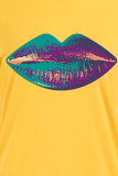 Yellow Casual Lips Printed Patchwork O Neck T-Shirts