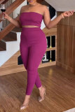 Fuchsia Casual Daily Elegant Simplicity Basis Solid Color Long Sleeve Two Pieces