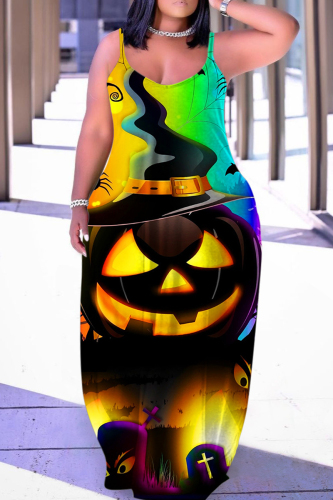 Halloween Costume Yellow Skull Pumpkin Print Floor Length Sleeveless Plus Size Loose Maxi Slip Dress