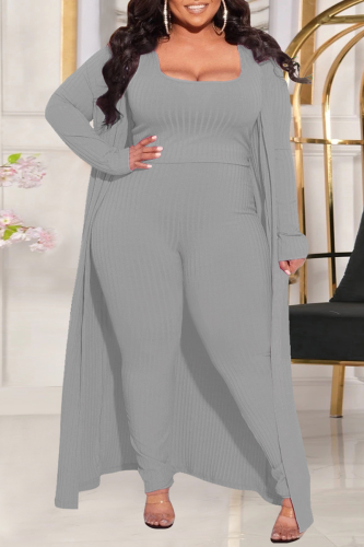 Grey Casual Patchwork Square Collar Plus Size Two Pieces(Three Pieces)
