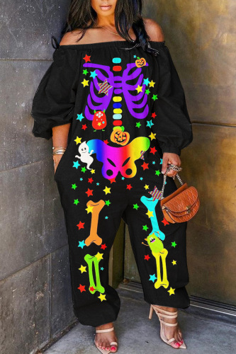 Halloween Costume Black Skull Pumpkin Cat Print Off Shoulder Flare Sleeve Plus Size Harem Jumpsuit