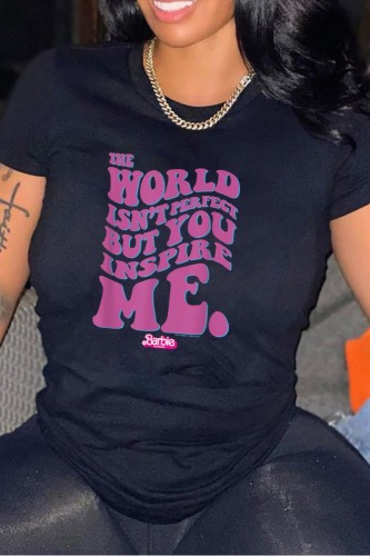 Black Casual Letter Print Basic O Neck T-Shirts