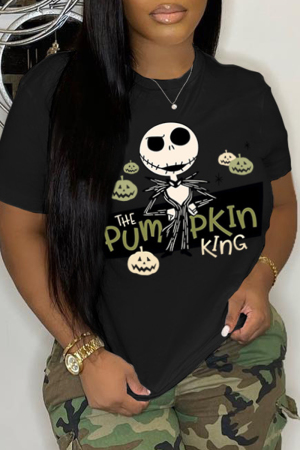 Black Casual Skull Head Print Basic O Neck T-Shirts