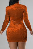 Orange Casual Solid Patchwork Turtleneck Long Sleeve Dresses