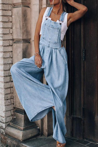 Blue Fashion Casual Solid Pocket Spaghetti Strap Loose Jumpsuits