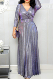 Purple Casual Bronzing Patchwork With Belt V Neck Long Sleeve Dresses (Subject To The Actual Object)