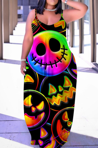 Halloween Costume Colour Skull Pumpkin Print Floor Length Sleeveless Plus Size Loose Maxi Slip Dress