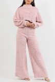Pink Casual Solid Patchwork Half A Turtleneck Long Sleeve Two Pieces