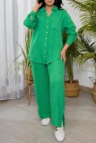 Green Casual Solid Patchwork Shirt Collar Long Sleeve Two Pieces