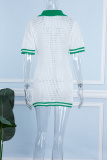 White Casual Striped Patchwork Turndown Collar Short Sleeve Dress