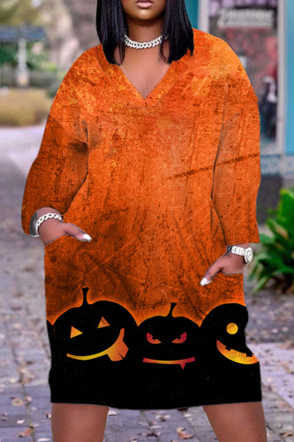 Halloween Costume Tangerine Red Skull Pumpkin Print Deep V Neck Long Sleeve Plus Size Loose T Shirt Midi Dress